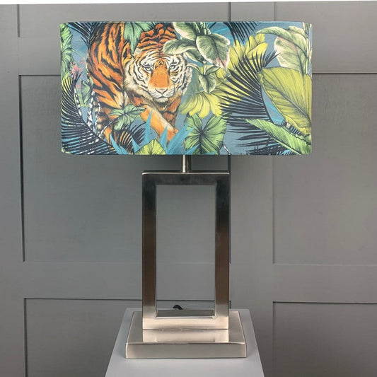 Fitzroy Brushed Steel Table Lamp with Bengal Tiger Rectangle Shade
