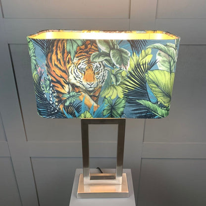 Fitzroy Brushed Steel Table Lamp with Bengal Tiger Rectangle Shade