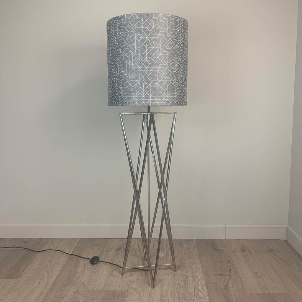 Renzo Brushed Steel Floor Lamp with Silver Geo Deep Drum Shade