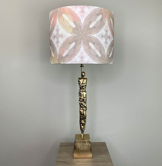 Shaman Antique Brass Table Lamp with Julia Clare's Ancient Tracery 2 Coral Linen in Lampshade
