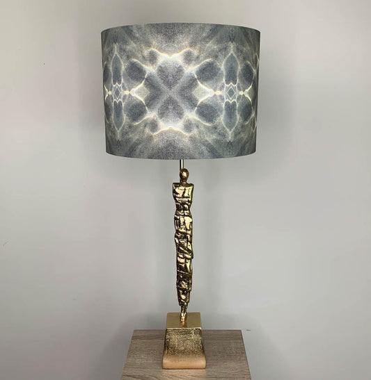 Shaman Antique Brass Table Lamp with Julia Clare's Underworld Ripples Linen in Green Olive Lampshade